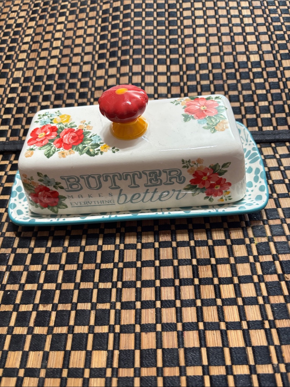 The Pioneer Woman Floral Ceramic Butter Dish with Red Knob and Teal Tray